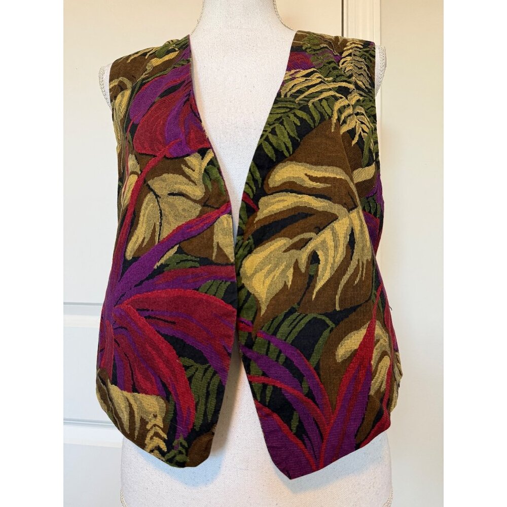 Vintage Leaf Pattern Vest With Tie Back & V-Neck Size Small
